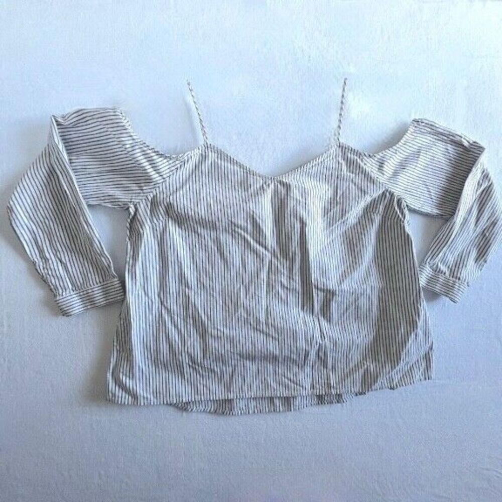 Calvin Klein Jeans Cold Shoulder Top Womens L Blue White Striped Long Sleeve - Picture 2 of 9